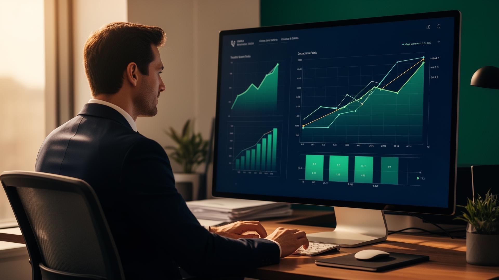 Accountant reviewing financial growth dashboards on a monitor