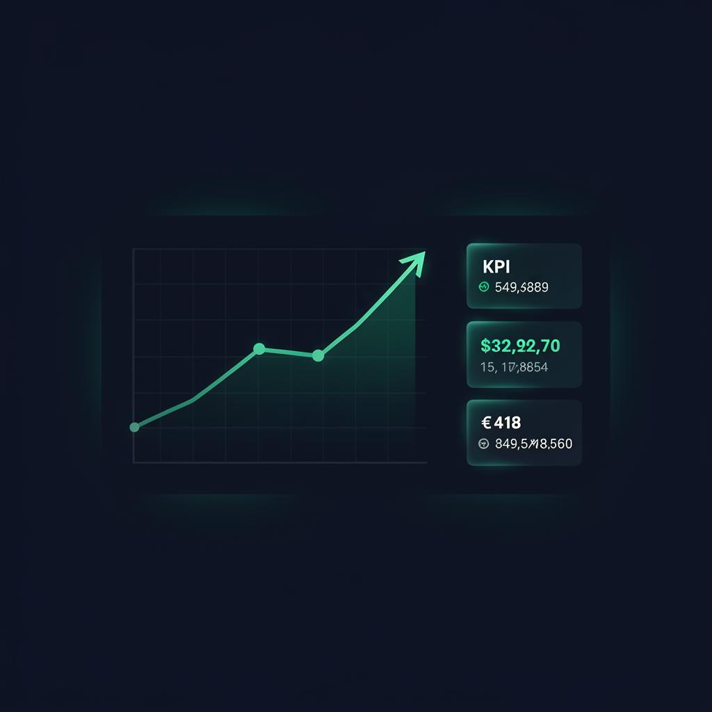 Growth dashboard with rising revenue chart and KPI tiles